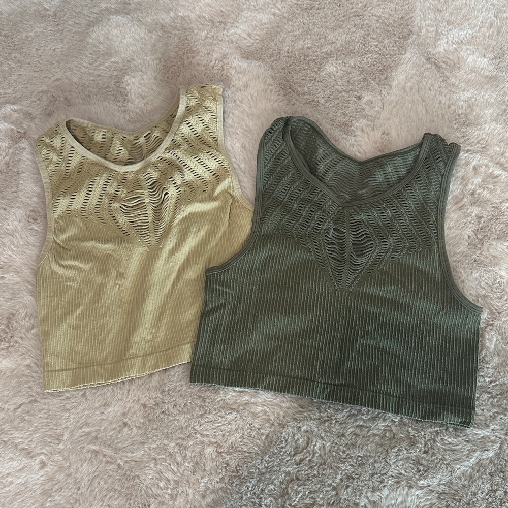 Boutique Stretch Crop Tank Tops - Olive Green and Beige